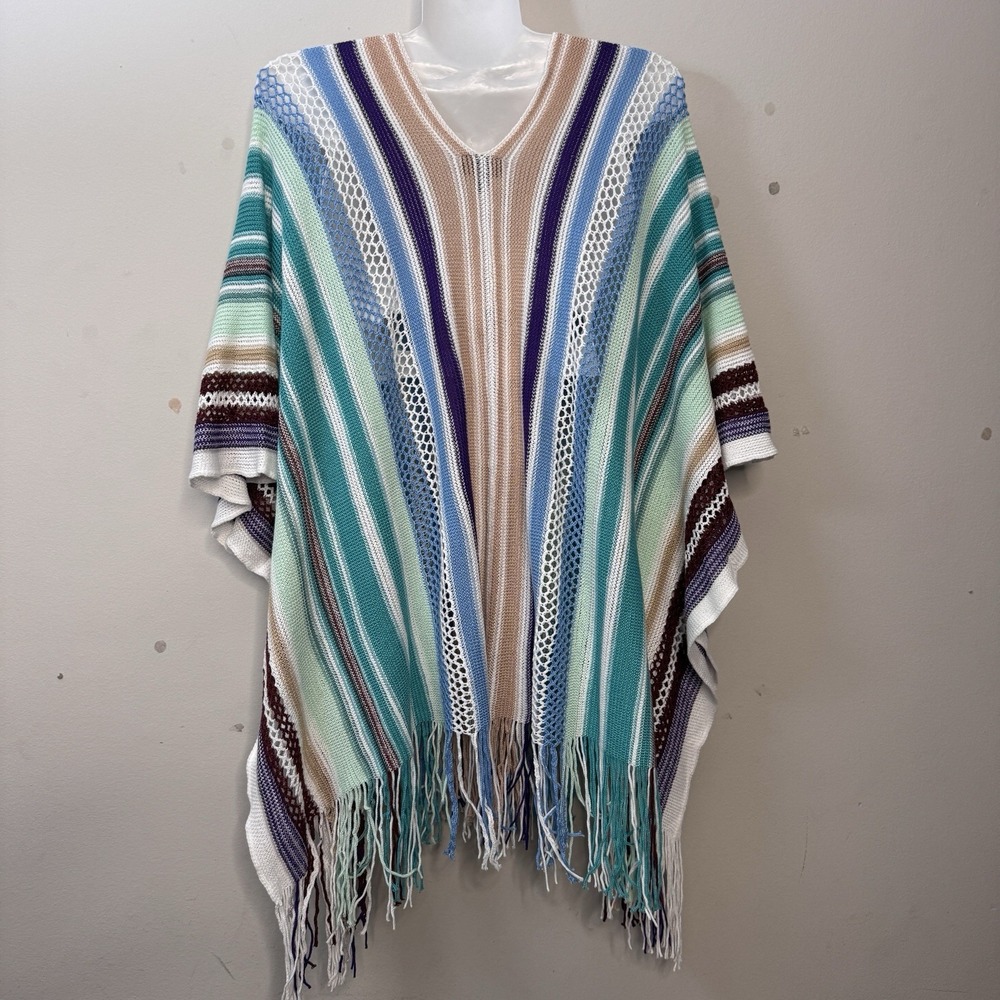 Coco‎ + Carmen Woman's Poncho One Size  Brown Teal Striped  Swim Cover Up Beachy - Picture 7 of 12